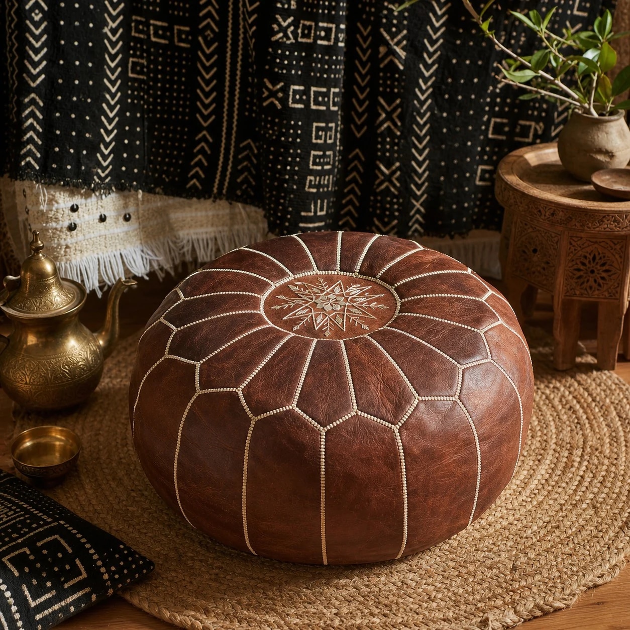 brown Moroccan pouf room scene