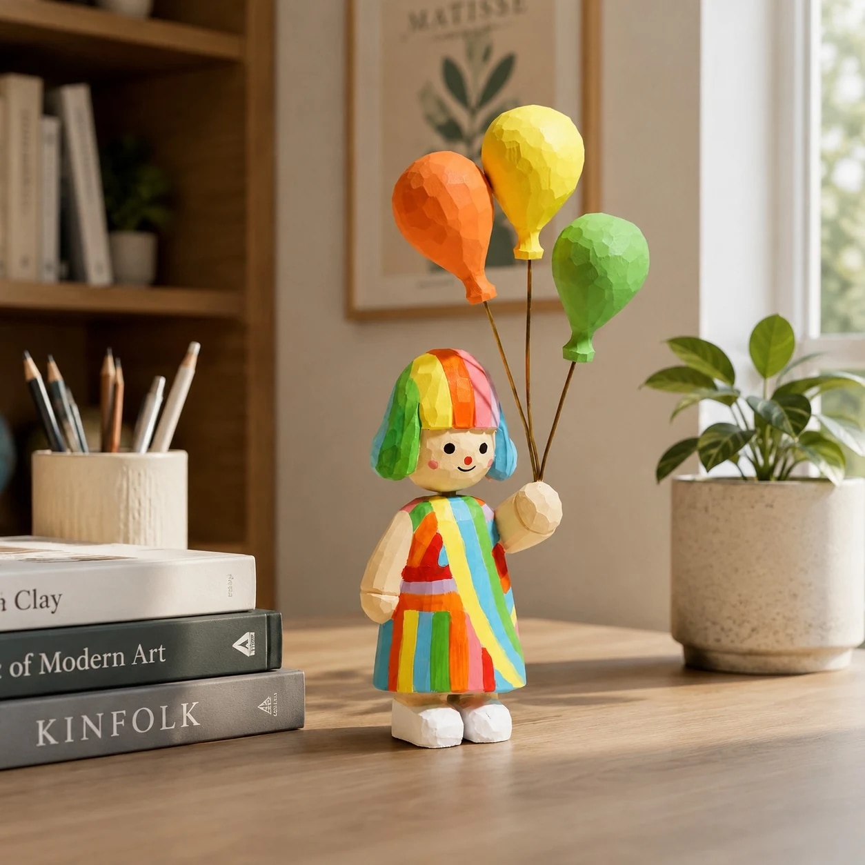 Figurine displayed on a bookshelf desk