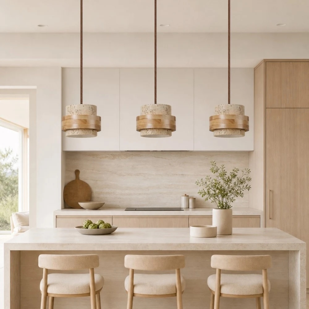 Three light travertine pendant above a bright kitchen island