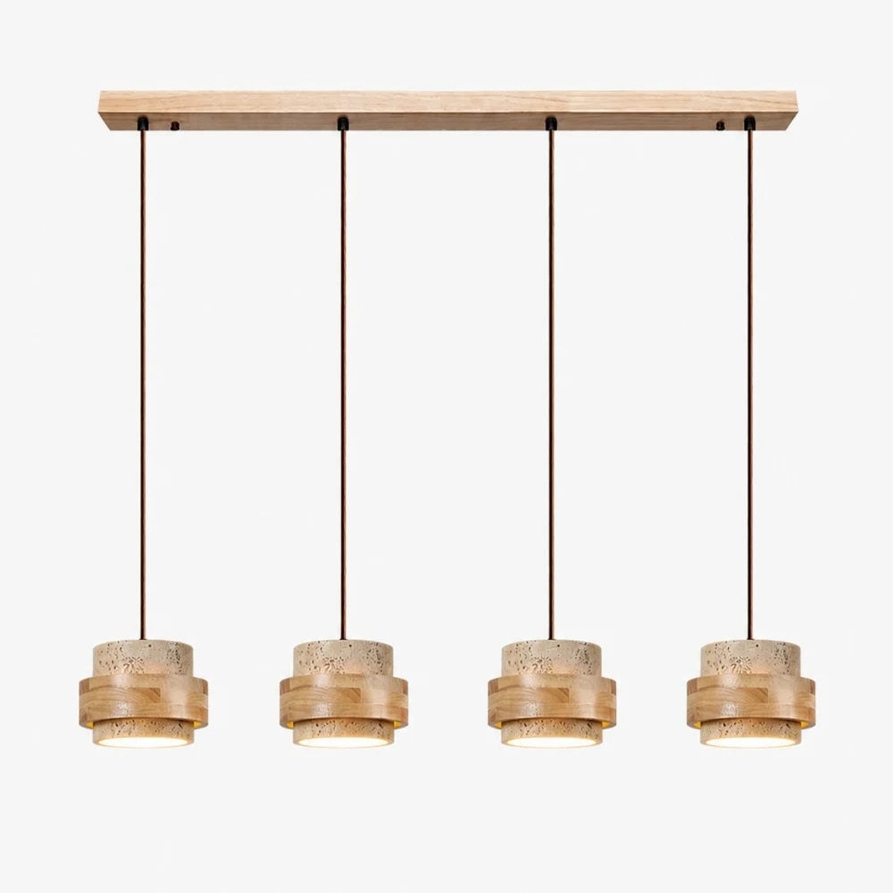 Travertine wood four light linear pendant lamp full view