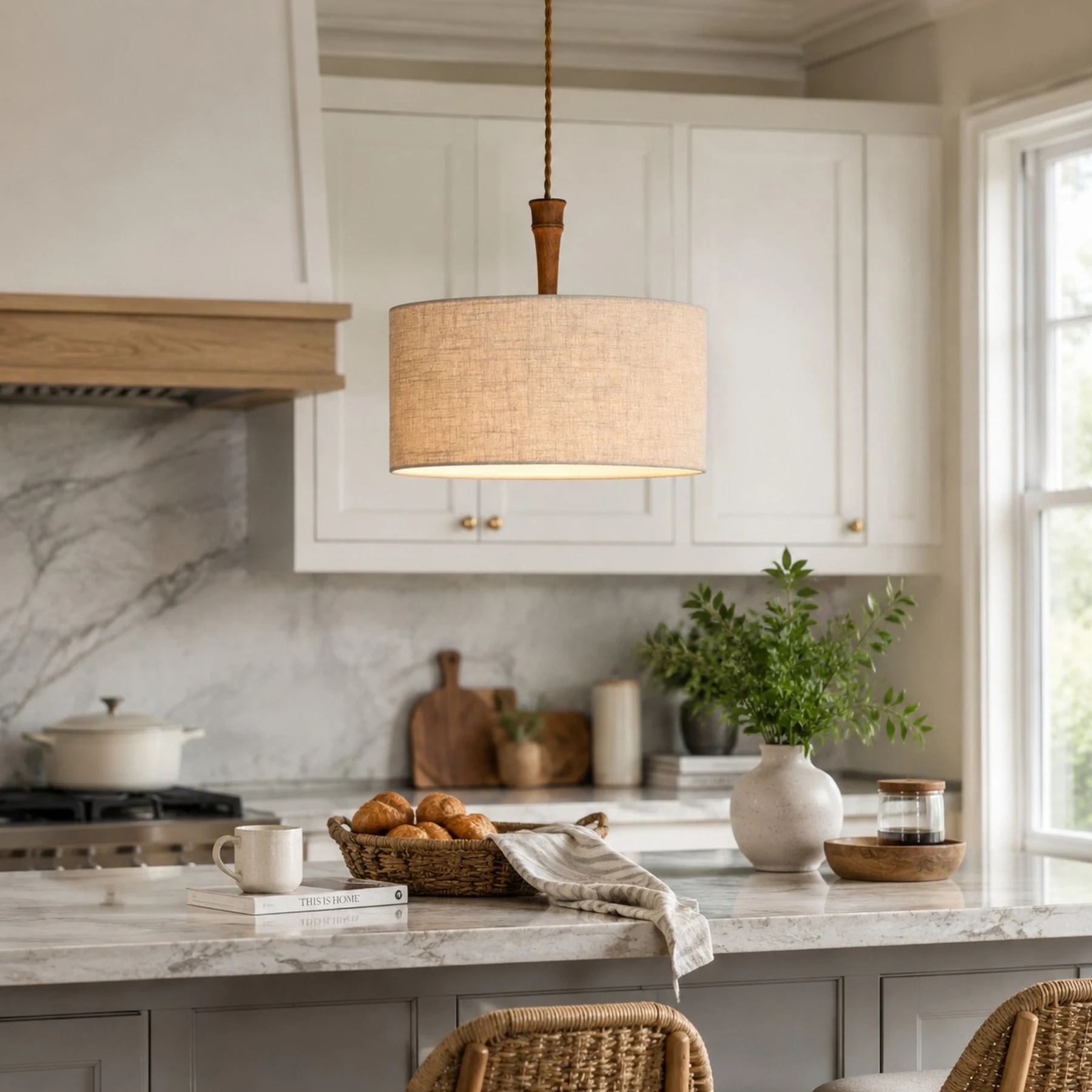 Natural linen drum pendant lamp above a kitchen counter