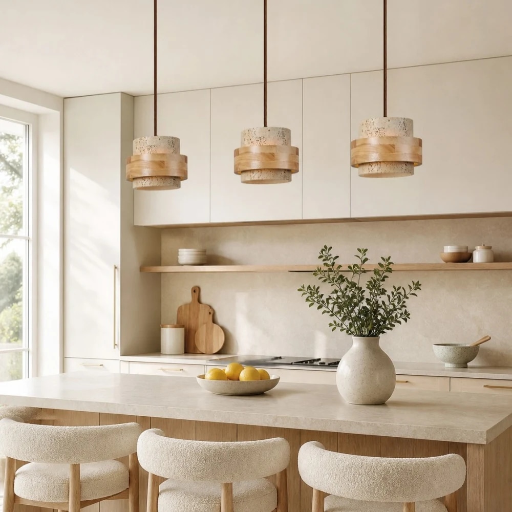 Three light travertine pendant in a natural dining room