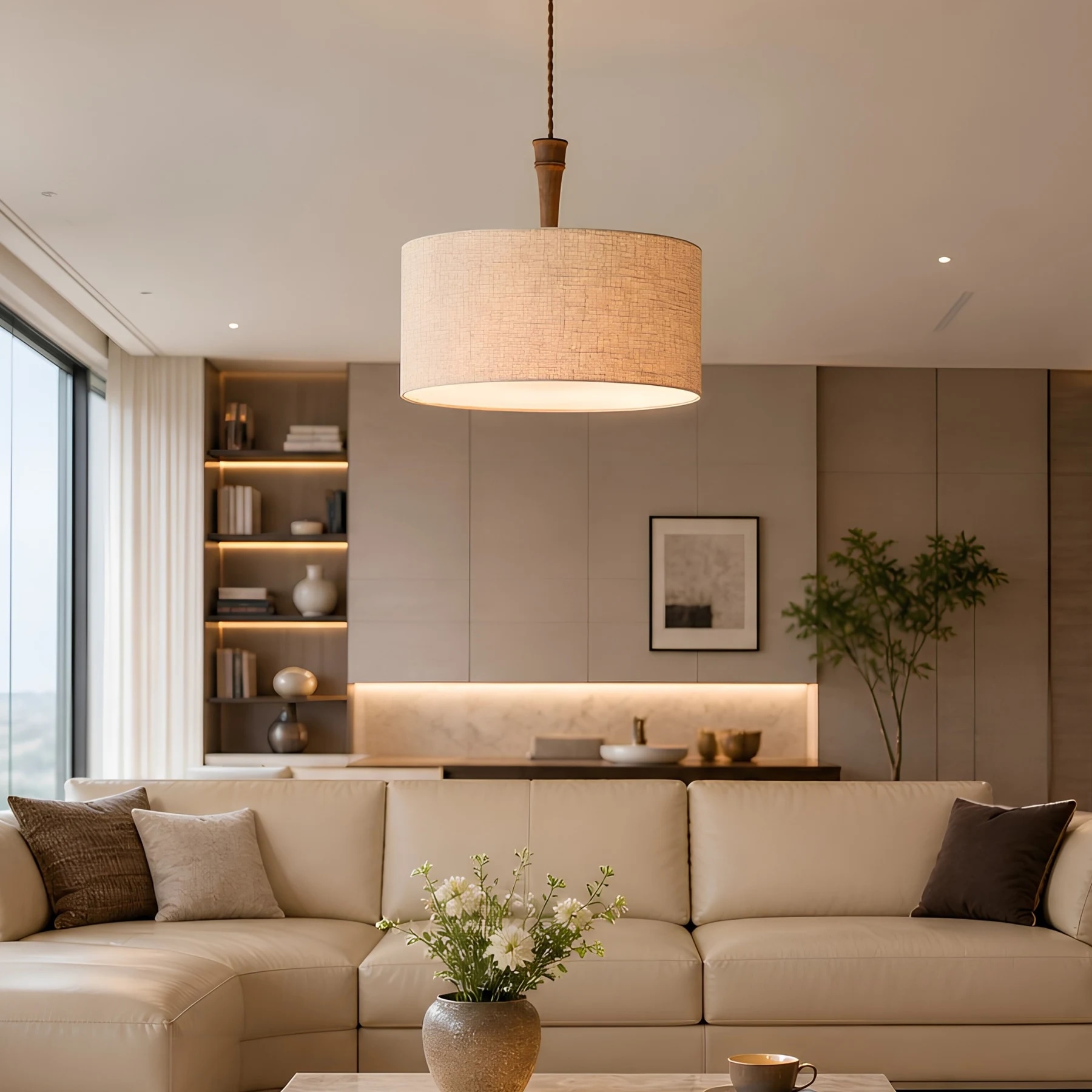 Natural linen drum pendant lamp in a warm living room