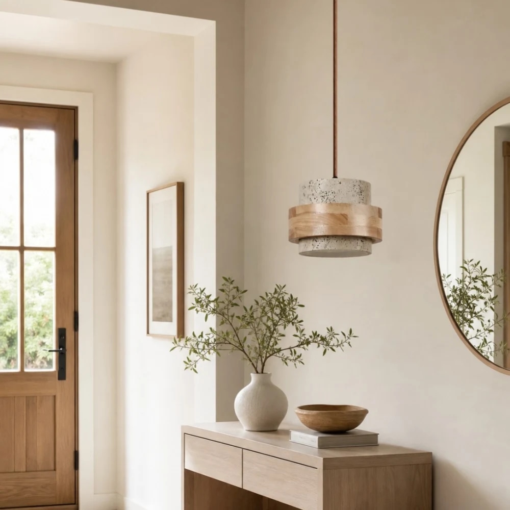 Single travertine pendant lamp in warm neutral interior