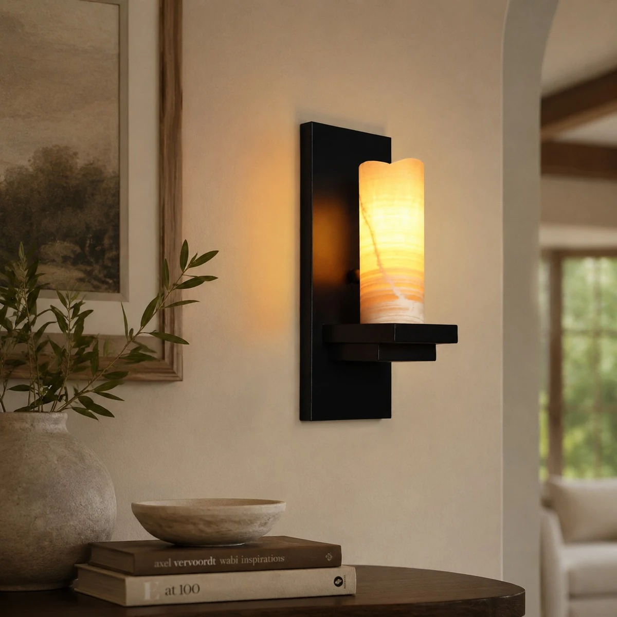 Rustic wall sconce styled above a console
