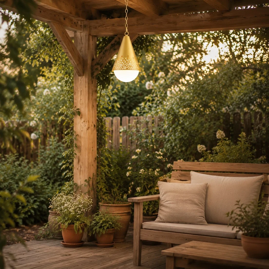 Baoxela Pendelleuchte an einer Holzpergola im Sitzbereich eines Innenhofs