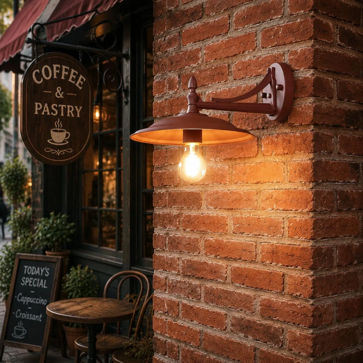 Kaffeebraune Wandleuchte neben einer Fassade im Cafe-Stil