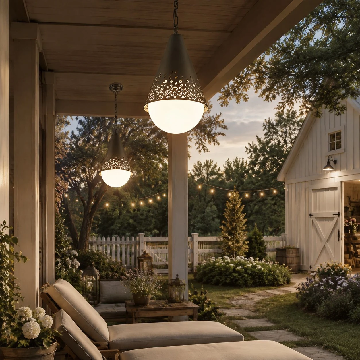 Baoxela Outdoor-Pendelleuchte auf überdachter Gartenterrasse bei Dämmerung