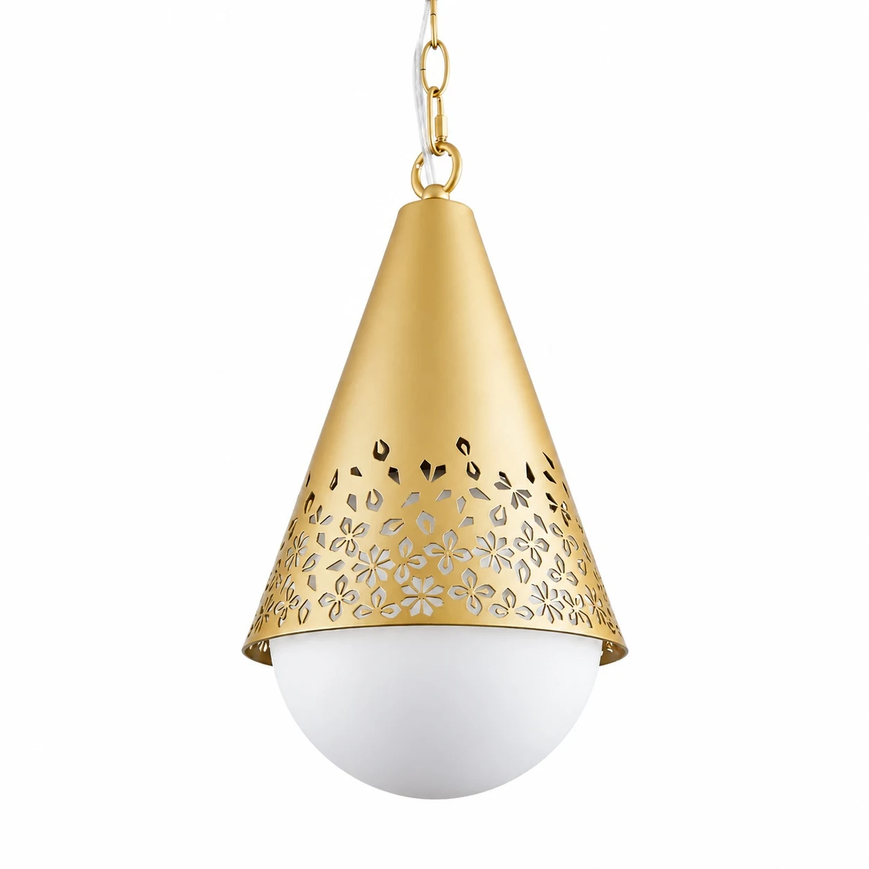 Baoxela Outdoor-Pendelleuchte in mattgoldener Ausführung mit weißem Glasschirm