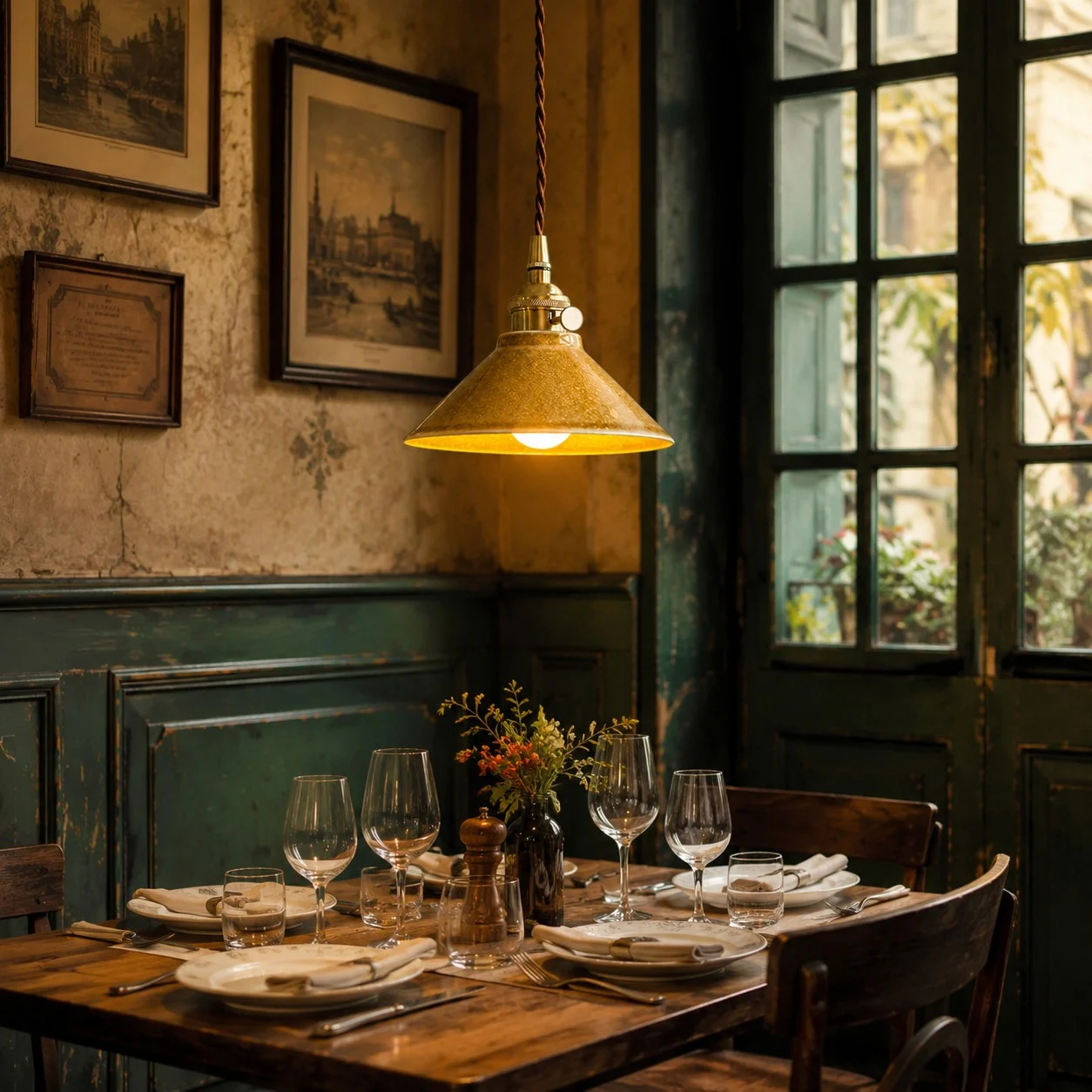 Gelbe, glasierte Keramik-Pendelleuchte über einem Vintage-Restauranttisch