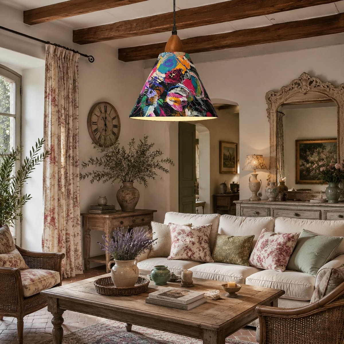 Stoffpendelleuchte in einem warmen Vintage-Wohnzimmer installiert