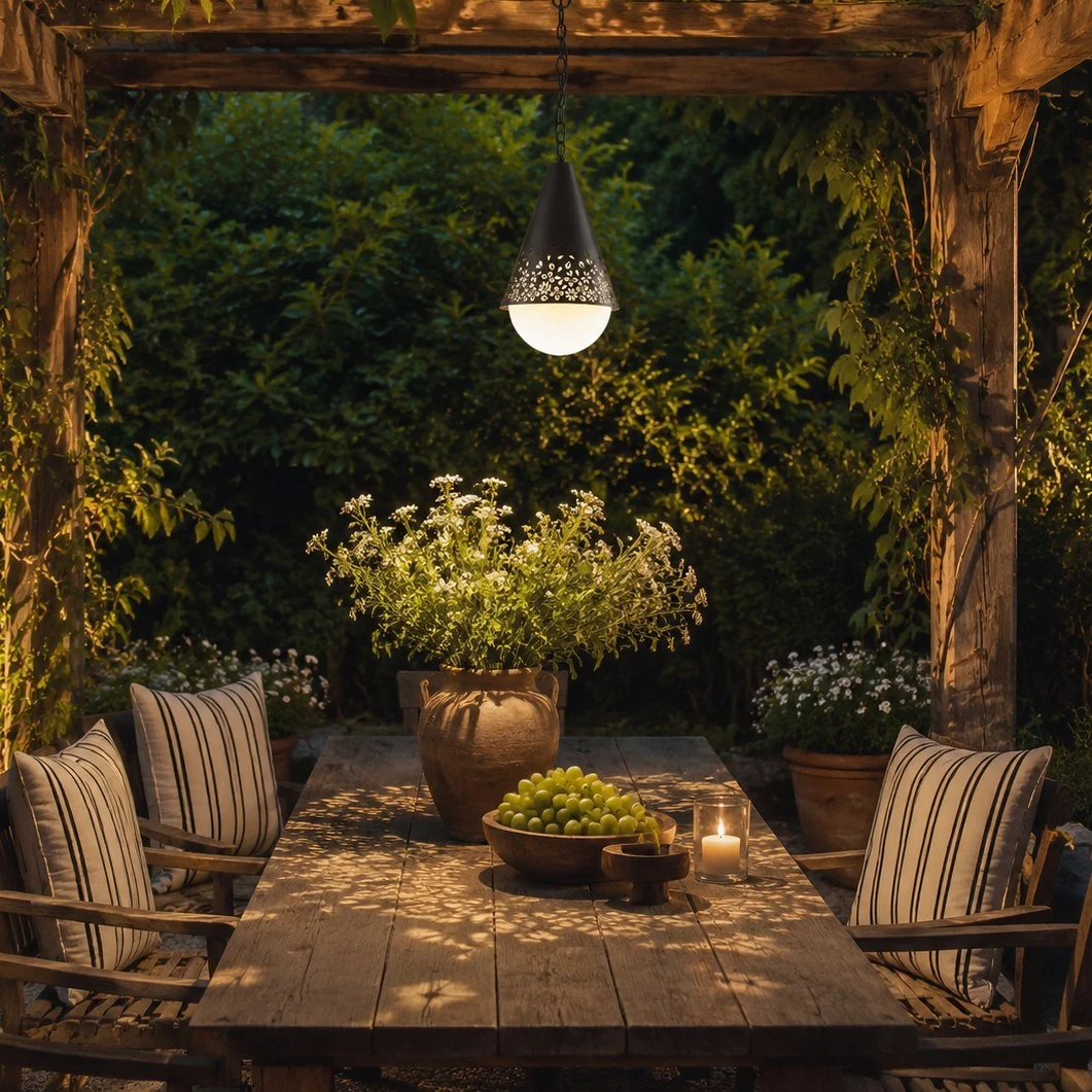 Baoxela Pendelleuchte über einem Esstisch auf der Terrasse unter einer Holzlaube