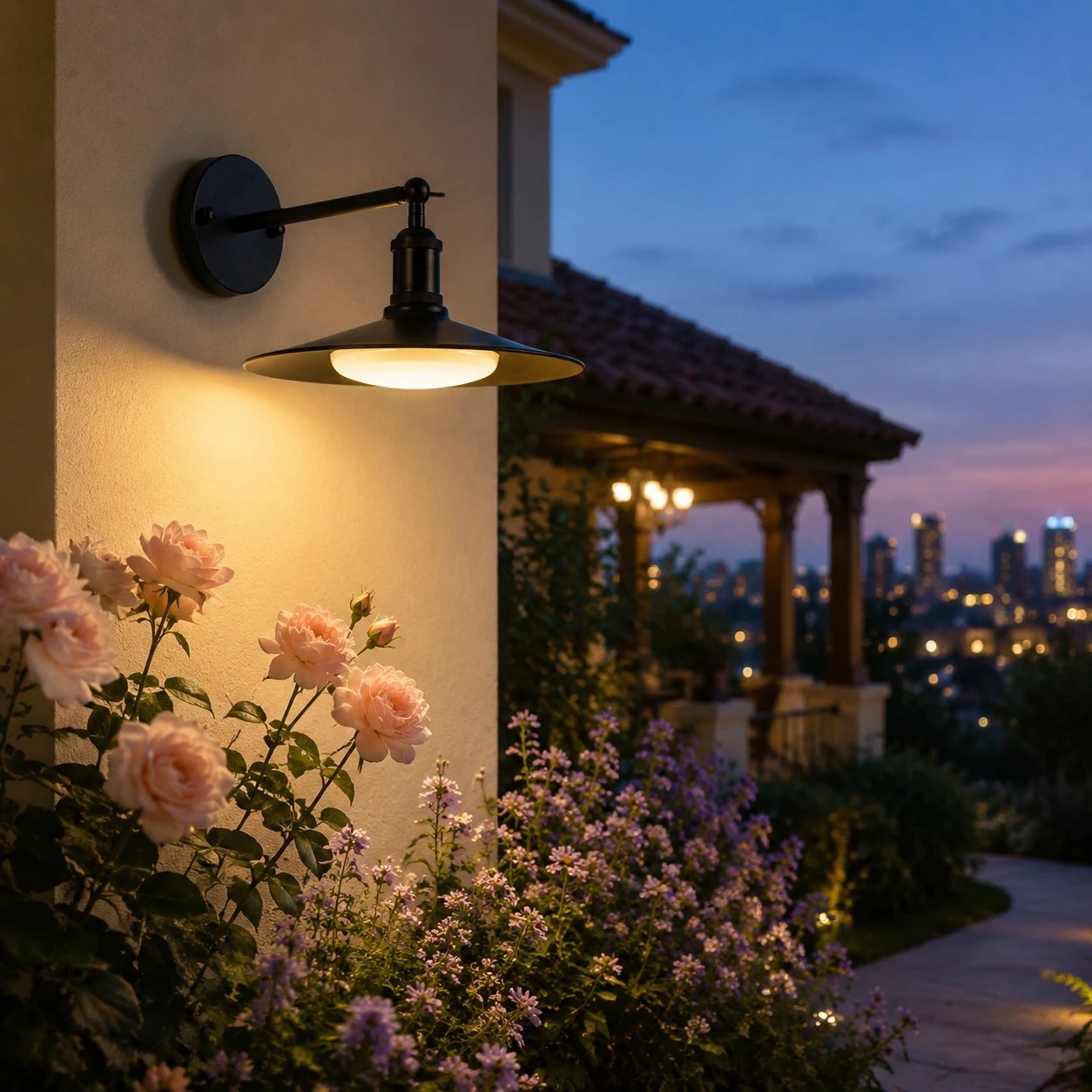 Schwarz outdoor wall lamp illuminating a garden entrance at dusk