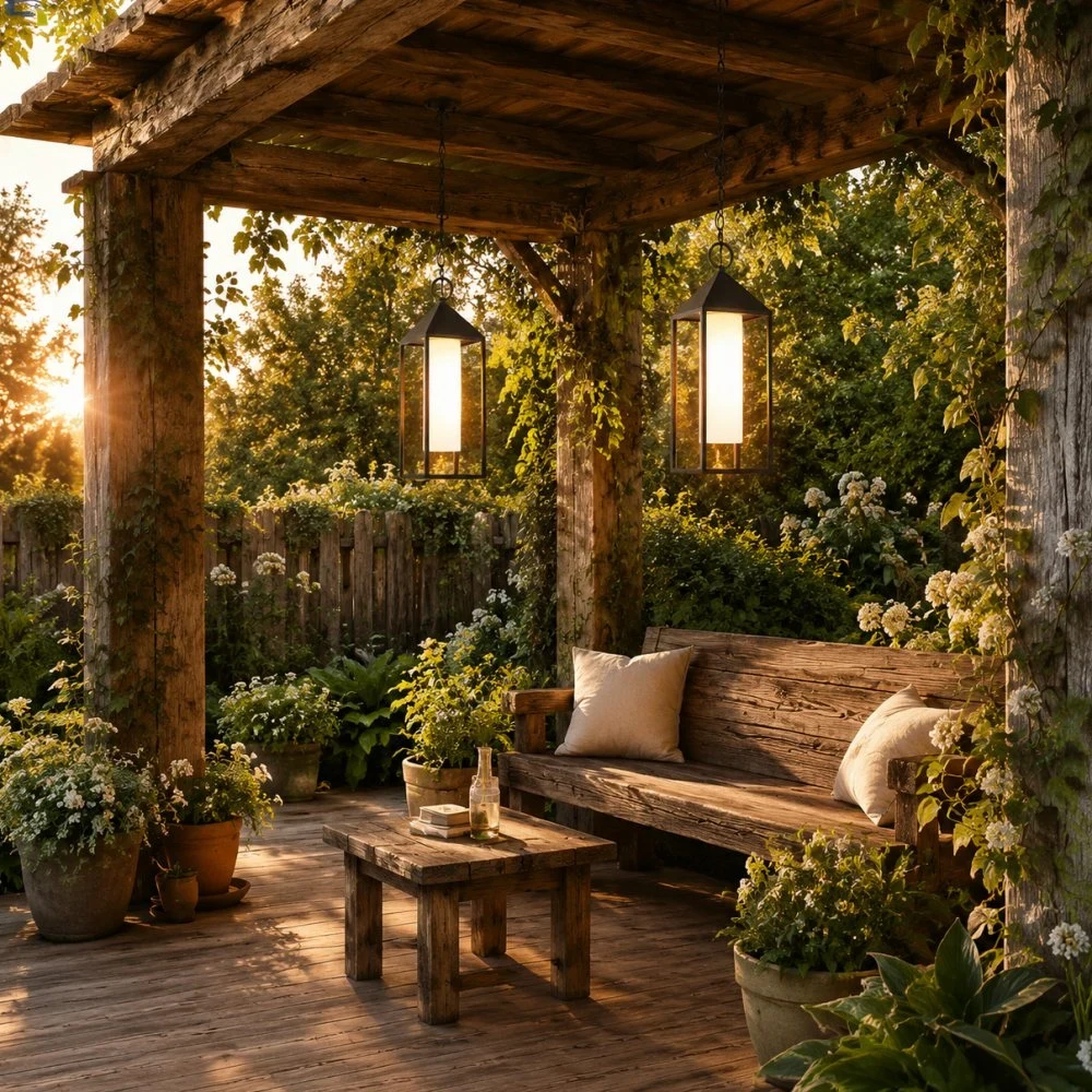 Outdoor-Pergola-Lounge mit schwarzen Pendellaternen