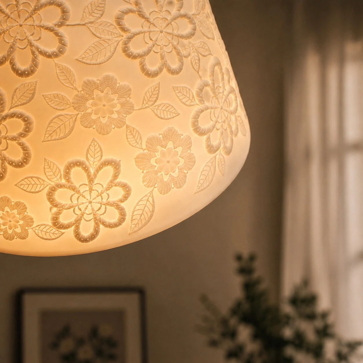 Blumenrelief aus Keramik, warm leuchtend